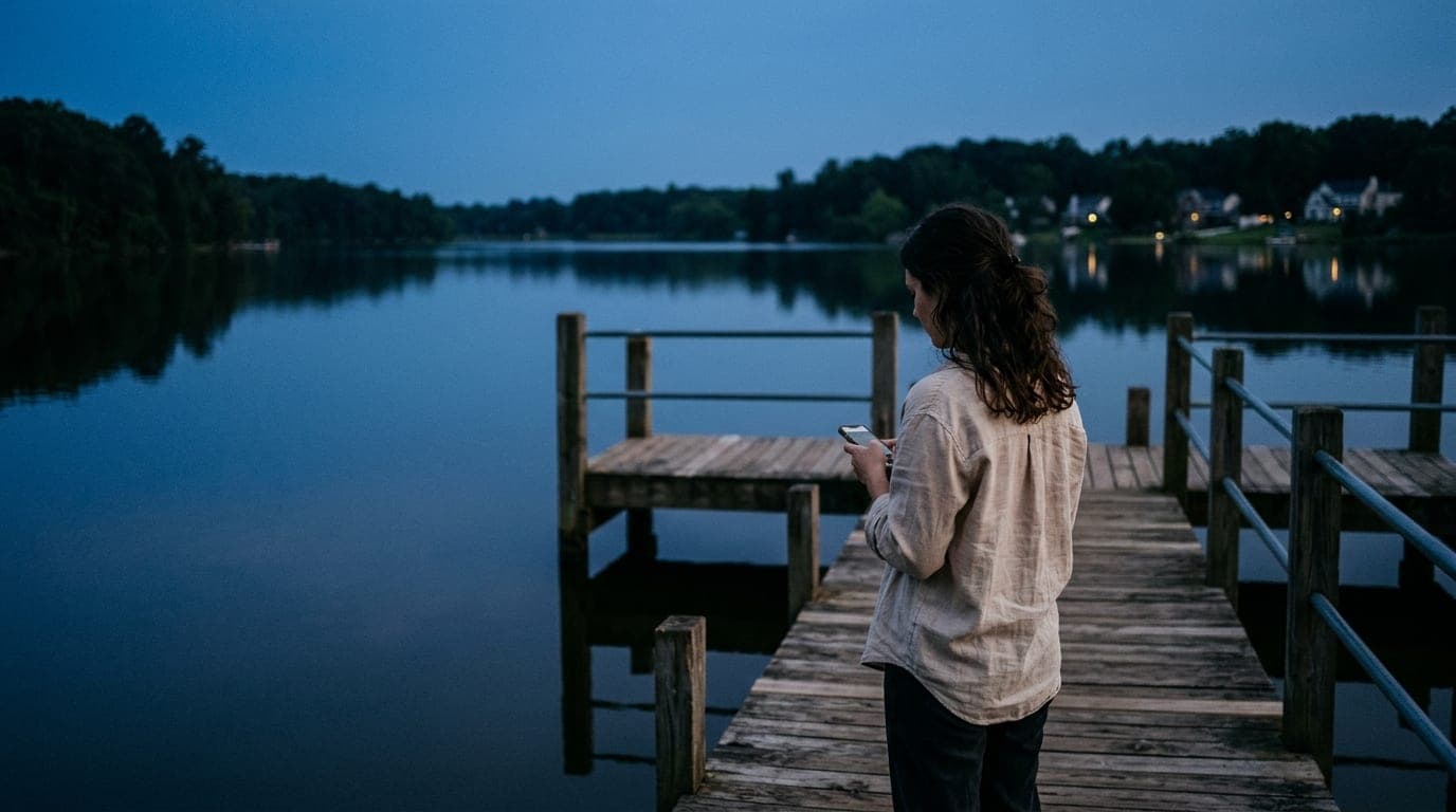 A woman in a light linen button-down stands on a weathered dock at Oak Grove Lake Park during blue hour. She holds a smart...