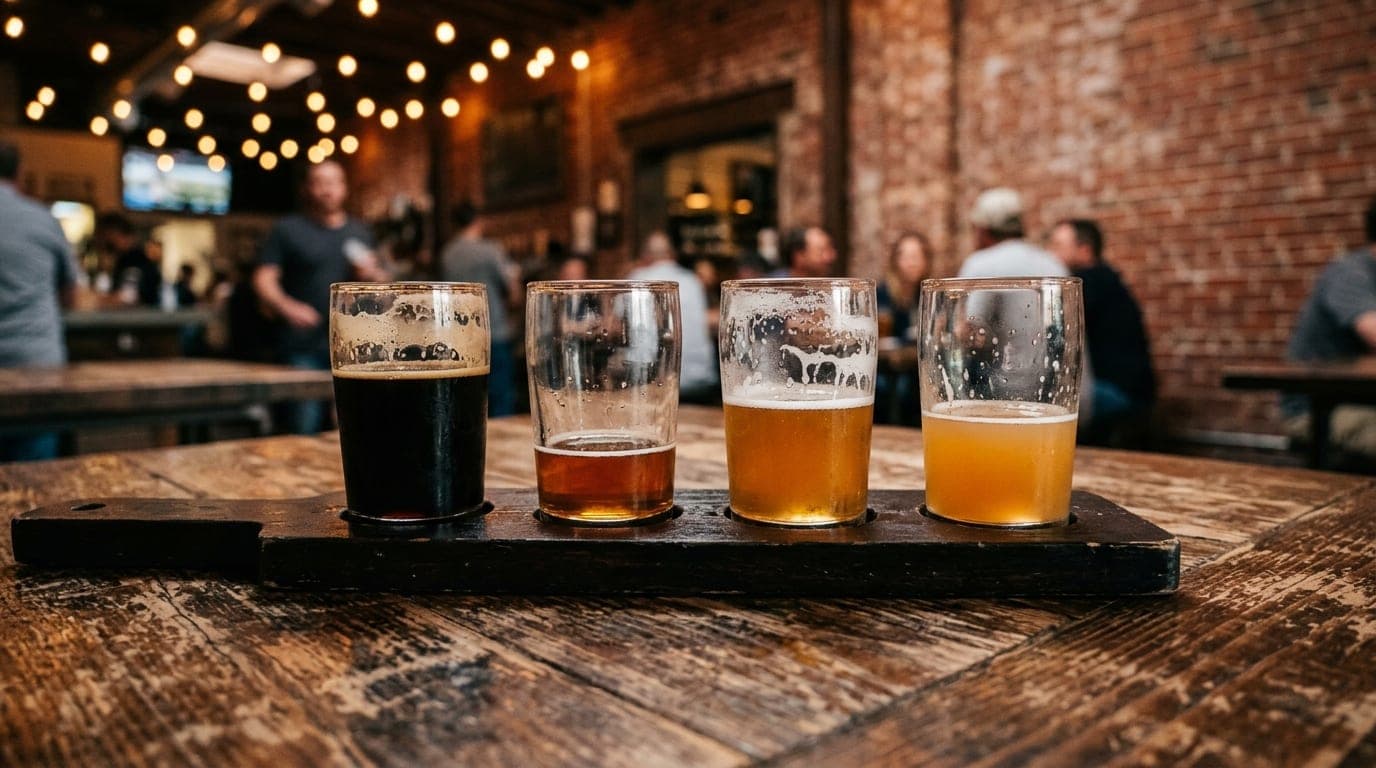 Low-angle hero shot of a half-filled craft beer flight on a rustic wooden table at Big Ugly Brewing. Blurred industrial br...