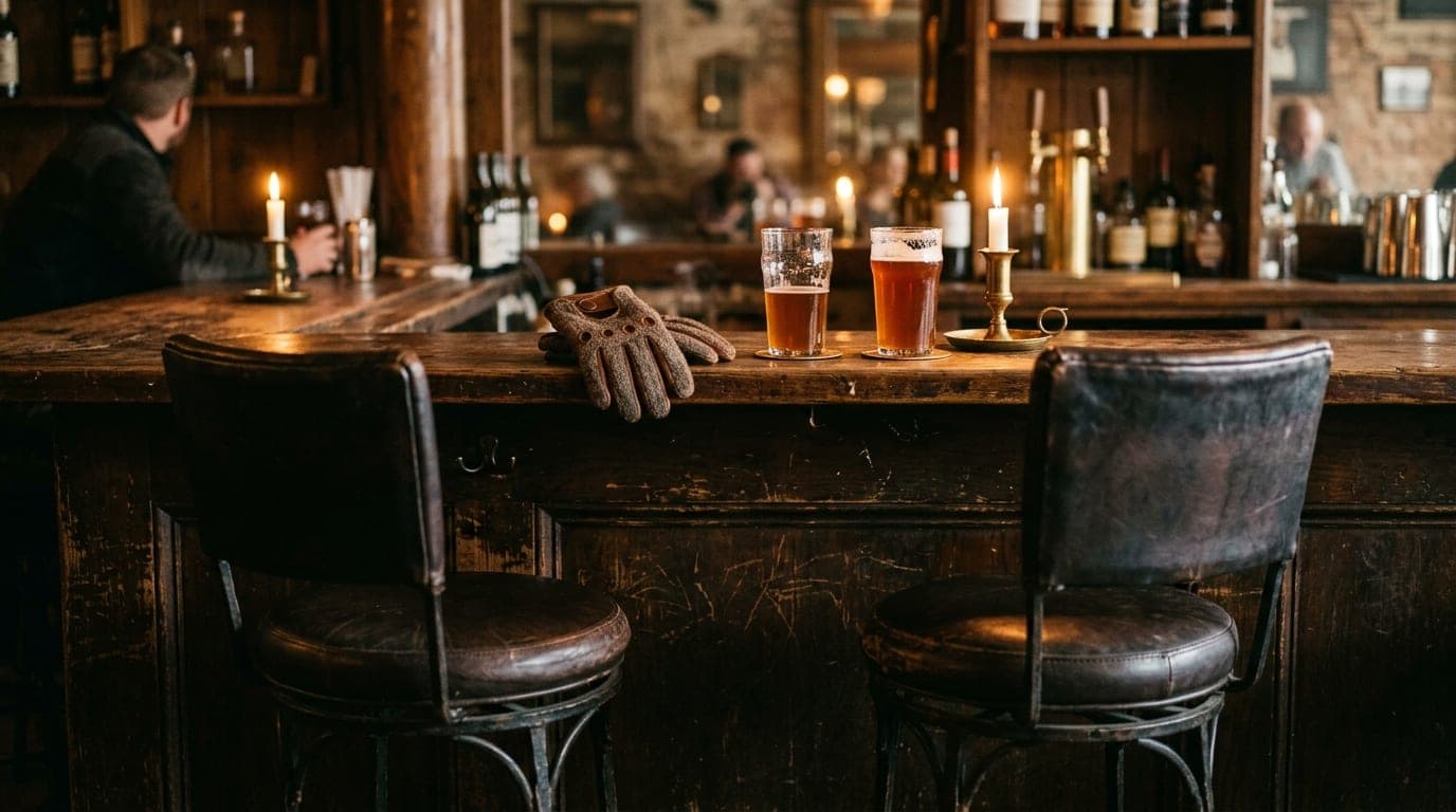 A medium shot of two leather bar stools in a dimly lit, rustic Cheyenne tavern. A pair of wool driving gloves rests beside...