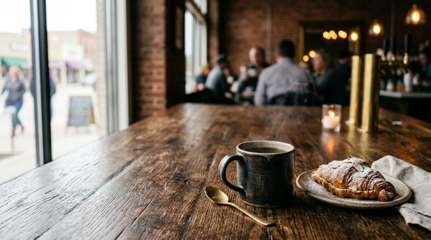 A close-up of a rustic wooden tabletop at a downtown Cheyenne cafe. A steaming ceramic mug sits beside a single artisan pa...
