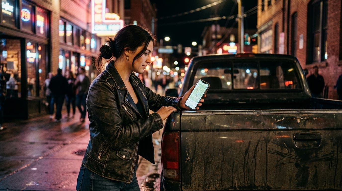 A low-angle 85mm shot of a woman in a leather jacket leaning against a dusty truck tailgate at night, looking at a phone s...