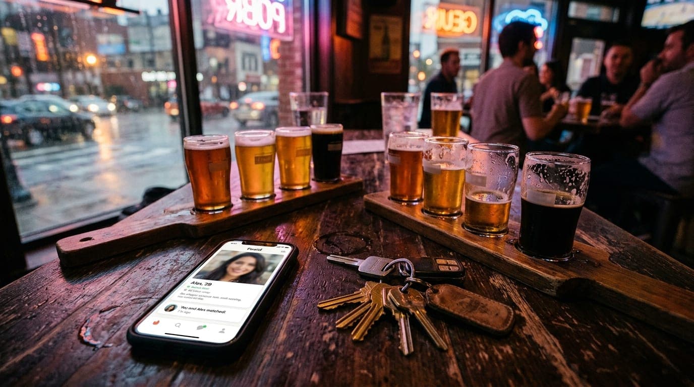 Overhead flat-lay on a dark wooden pub table. Two half-empty craft beer flights sit beside a smartphone displaying a Feeld...