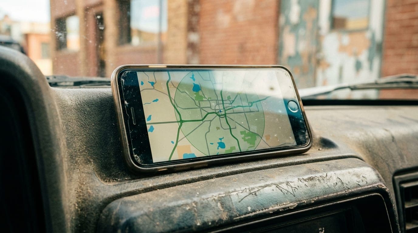A 100mm macro shot captures a smartphone screen reflecting a dashboard GPS map set to a 60-mile radius, resting on a weath...