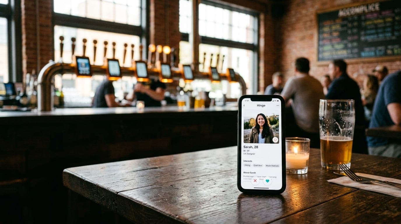 Medium shot, tilt-shift focus. A smartphone screen displays a Hinge match profile, resting on a dark wood table at Accompl...