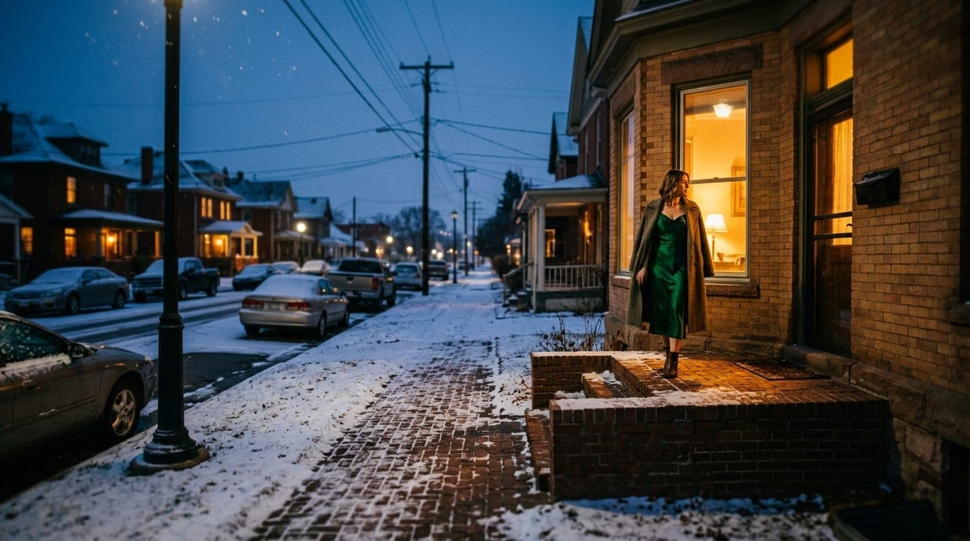 A wide-angle, tilt-shift shot of a snowy Cheyenne street at night. A woman in a silk dress stands on a brick stoop, illumi...