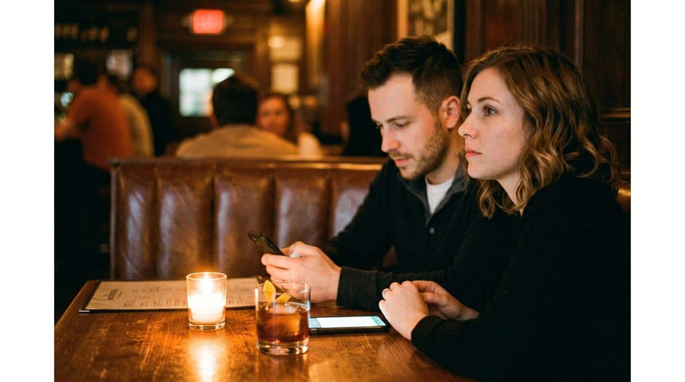 Medium shot, 35mm documentary, candle-lit interior. A couple sits in a leather booth at The Metropolitan, offset right. A...