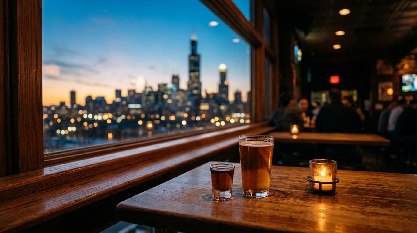 A warm, candle-lit wooden bar table in the foreground holds a shot of Malört and a beer, with a tilt-shift focus drawing t...