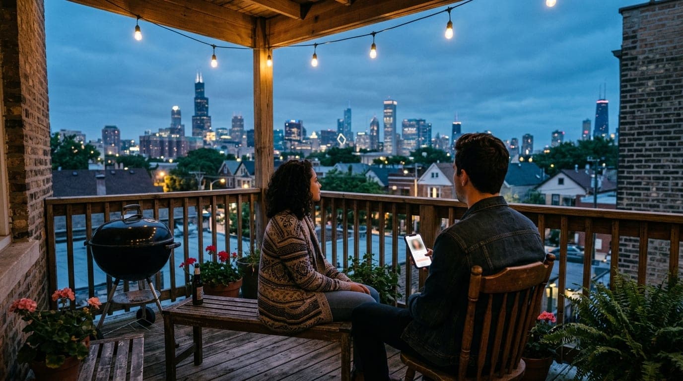 Blue hour, 35mm wide shot. A couple sits on a vintage Wicker Park back porch with a charcoal grill, gazing at the skyline....