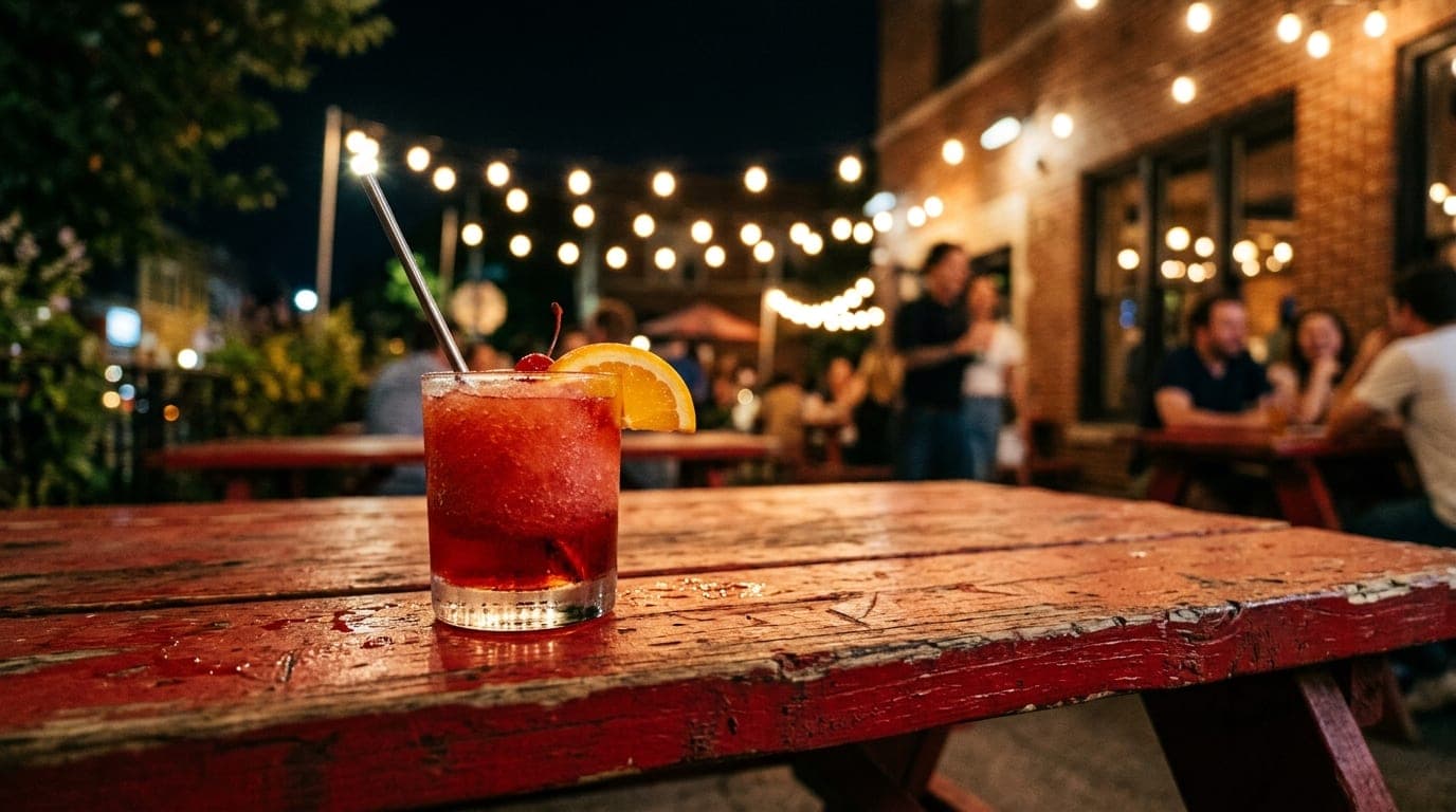 Low-angle hero shot, 85mm portrait. A melting, vibrant Negroni slushie sits on a weathered red picnic table at Parson’s, c...