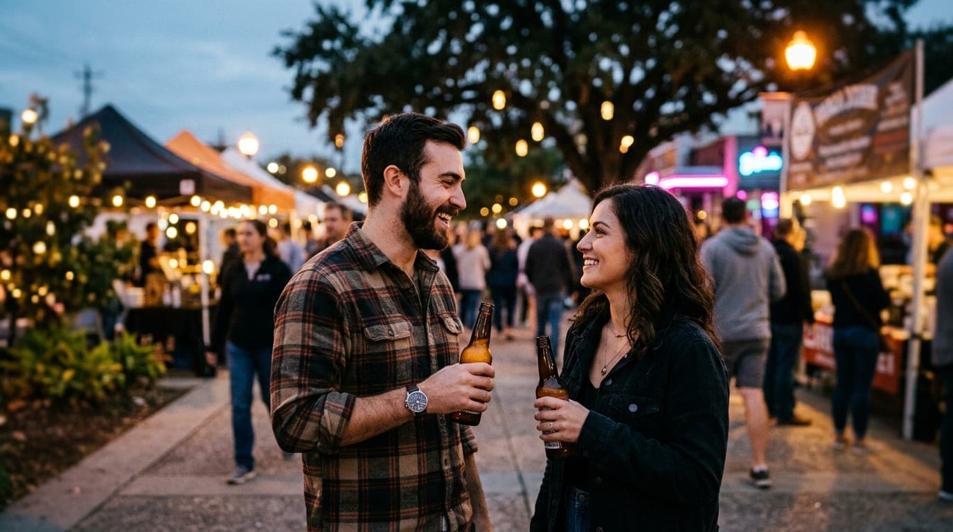 Medium shot of a couple holding craft beers at a sun-drenched Saturday Farmers Market, selective focus on them with a blur...
