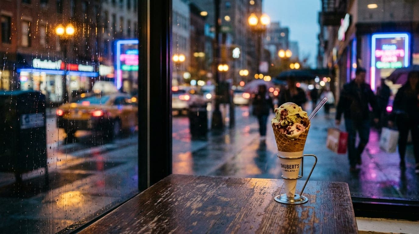 A close-up 35mm shot, framed by a window, captures a half-eaten Shubert’s gelato cone resting on a rustic wooden table at...