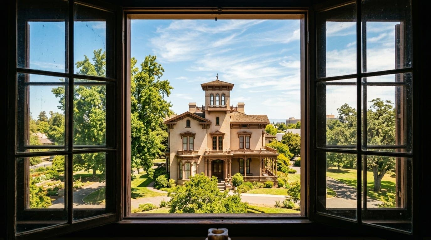 A symmetric, 24mm wide-angle shot through a sun-drenched window frames the historic Bidwell Mansion bathed in brilliant no...