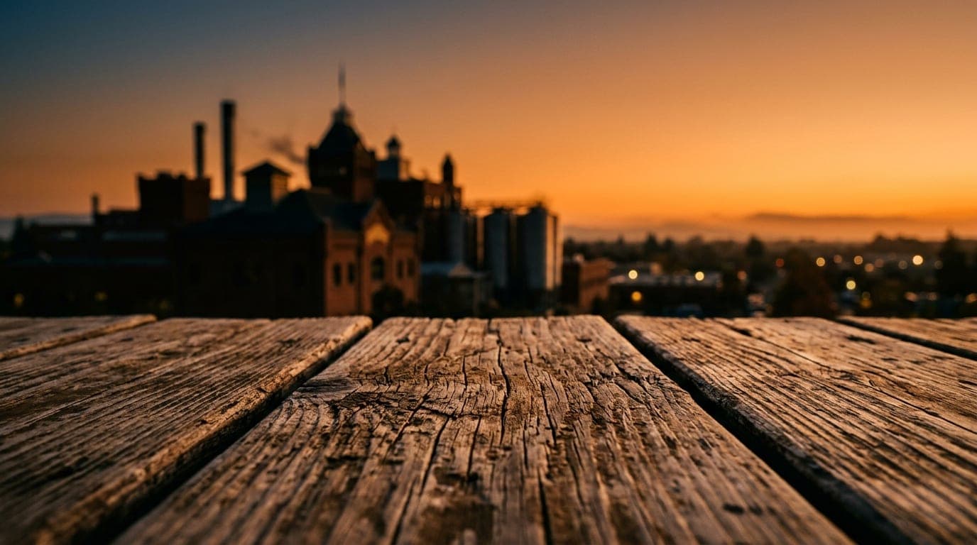 Extreme close-up of a weathered wooden table surface at the Sierra Nevada patio. In the soft-focus, golden-hour background...