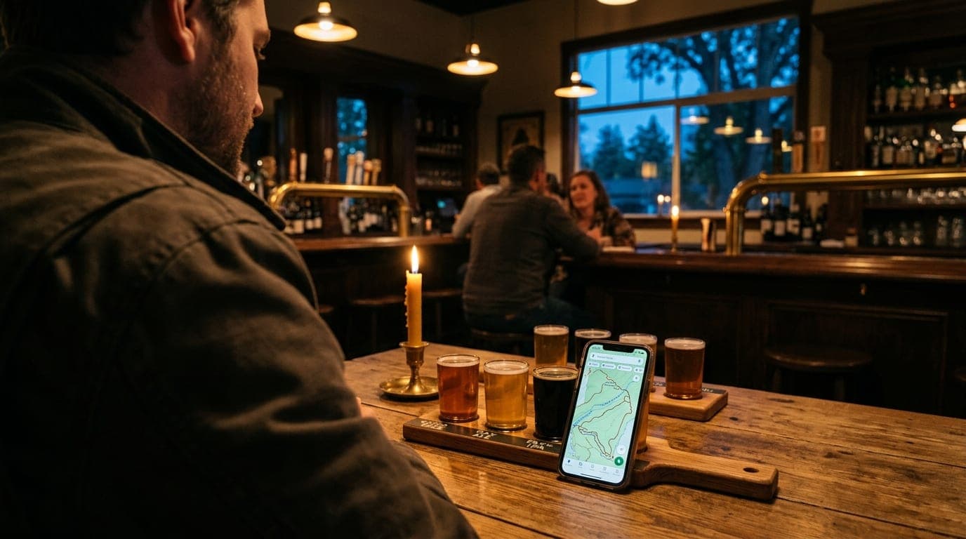 An over-the-shoulder view at a dimly lit bar, looking toward a wooden table holding two craft beer flights and a smartphon...