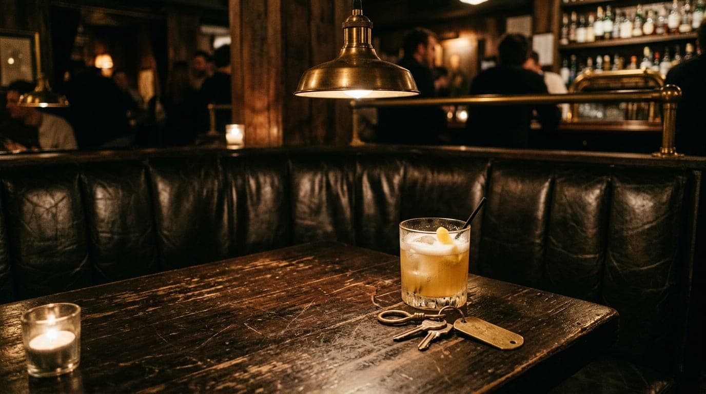 A low-angle shot of a leather booth at Argus Bar. A half-finished whiskey sour and a brass key chain lie on the dark wood,...