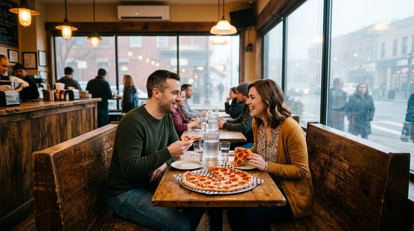 Centered wide-angle shot of a couple sharing a pepperoni pizza at a bustling booth in Woodstock’s. Warm tungsten lighting...