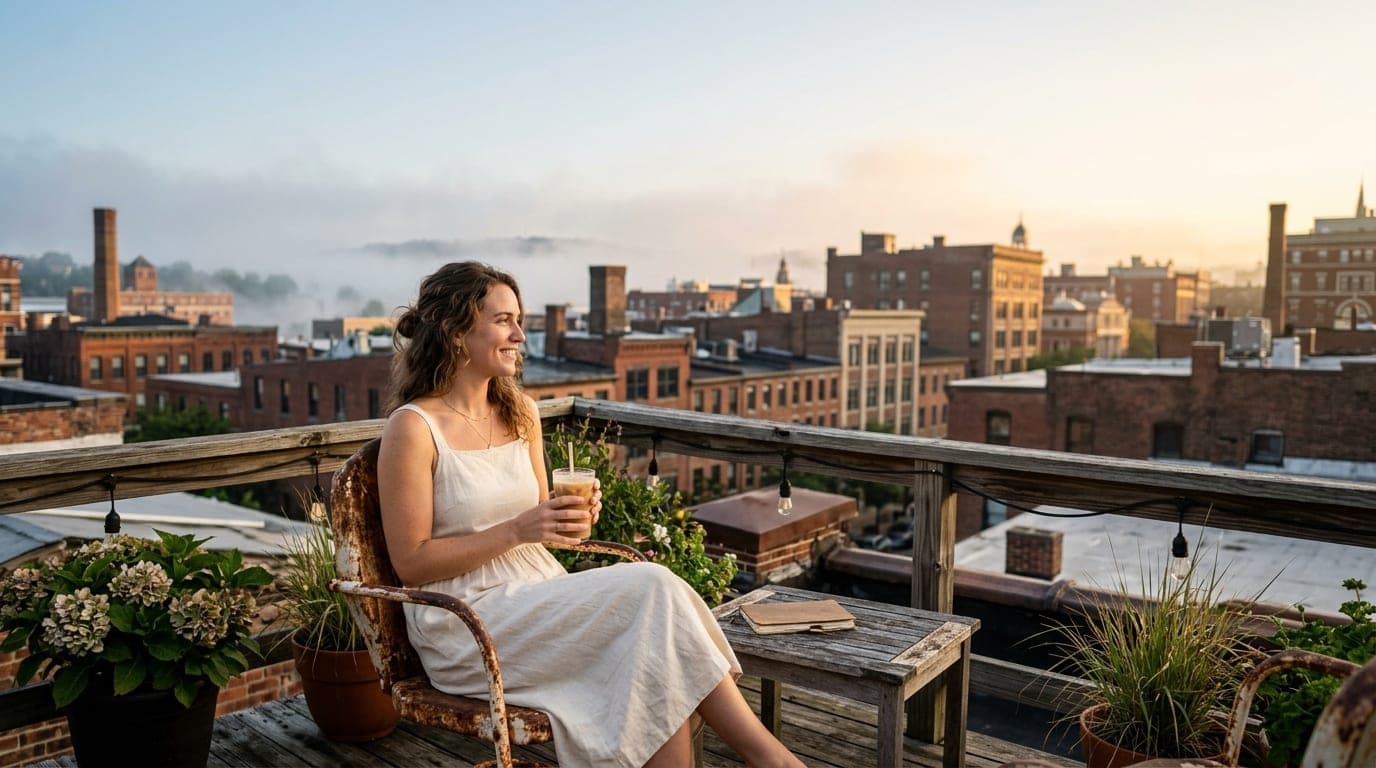 A woman in a cream linen sundress sits on a rusted metal chair on the Stoble rooftop, holding an iced latte, overlooking t...