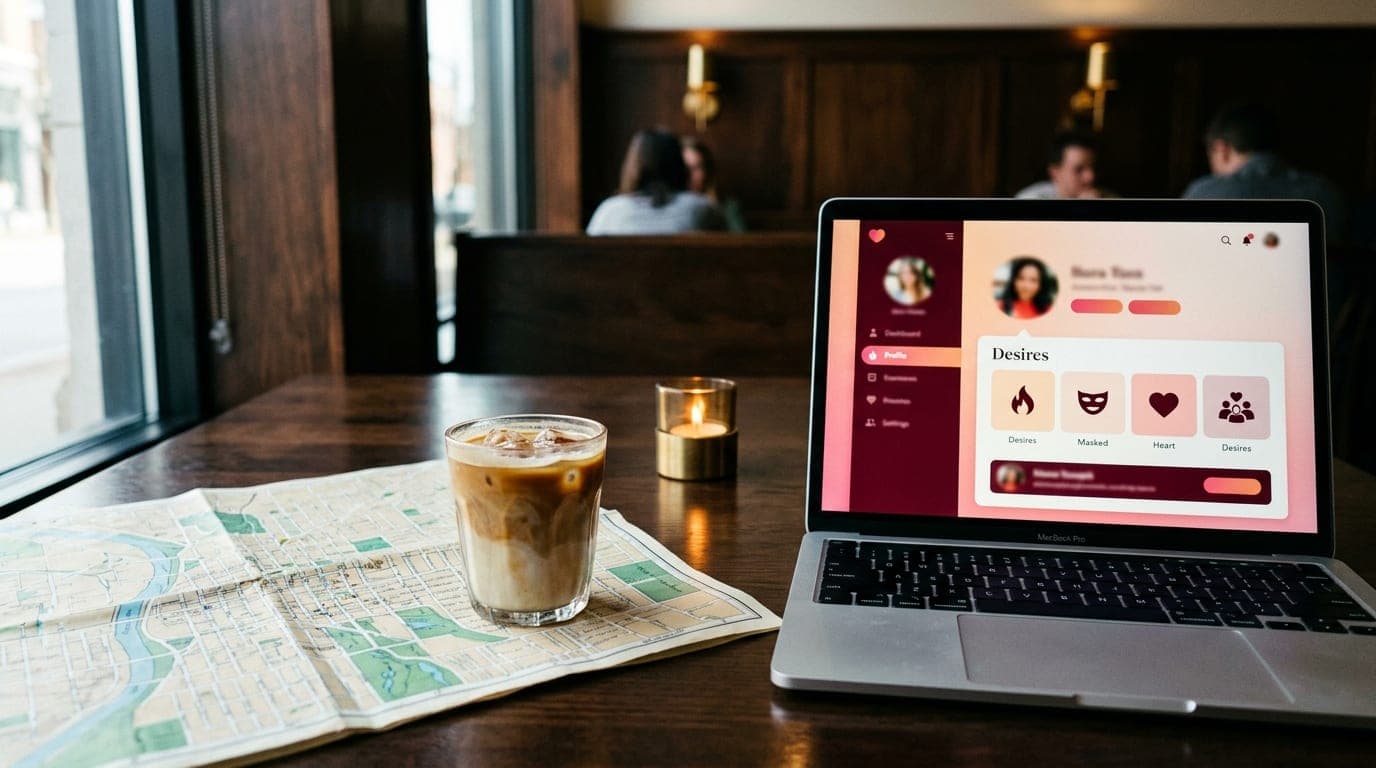 A close-up 35mm shot at an OTR coffee shop, focusing on a laptop screen showing a Feeld "Desires" menu. An iced latte and...