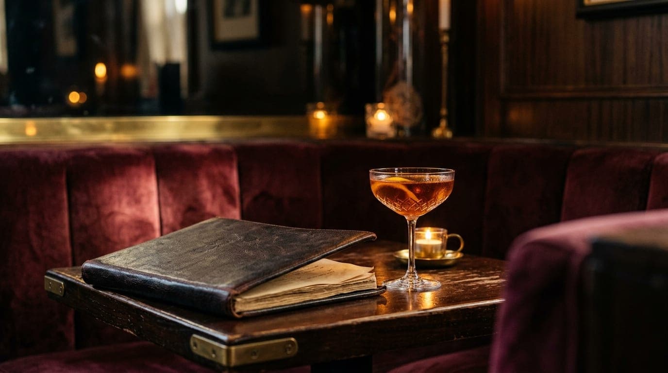 An 85mm macro shot of a single velvet booth at Ghost Baby. A dark, leather-bound menu lies open beside a crystal coupe gla...