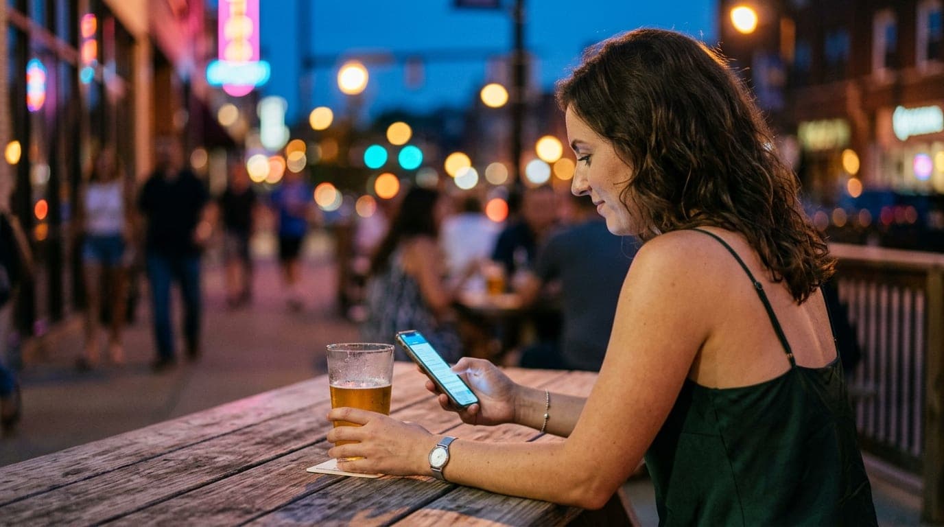 A woman wearing a casual silk slip dress sits at a wooden outdoor table in Oakley, holding a craft beer. She gazes at her...