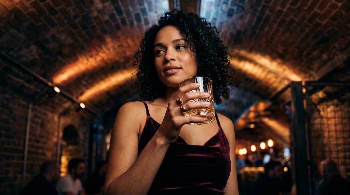 A low-angle, tight shot of a woman in a velvet dress holding a crystal rocks glass. Behind her, the dimly lit, arched bric...