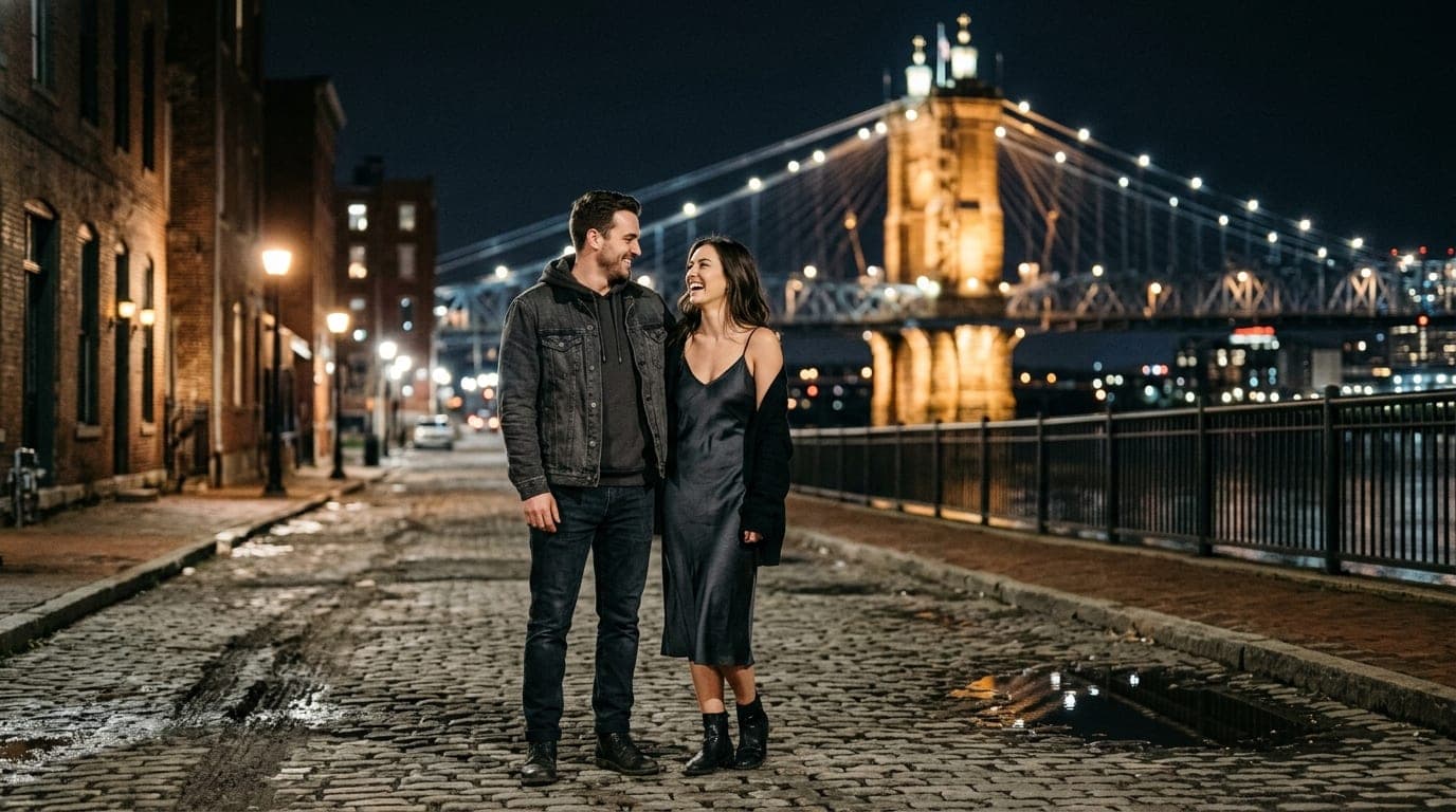 A couple stands on a weathered Covington riverfront street at midnight. The illuminated Roebling Bridge towers in the blur...