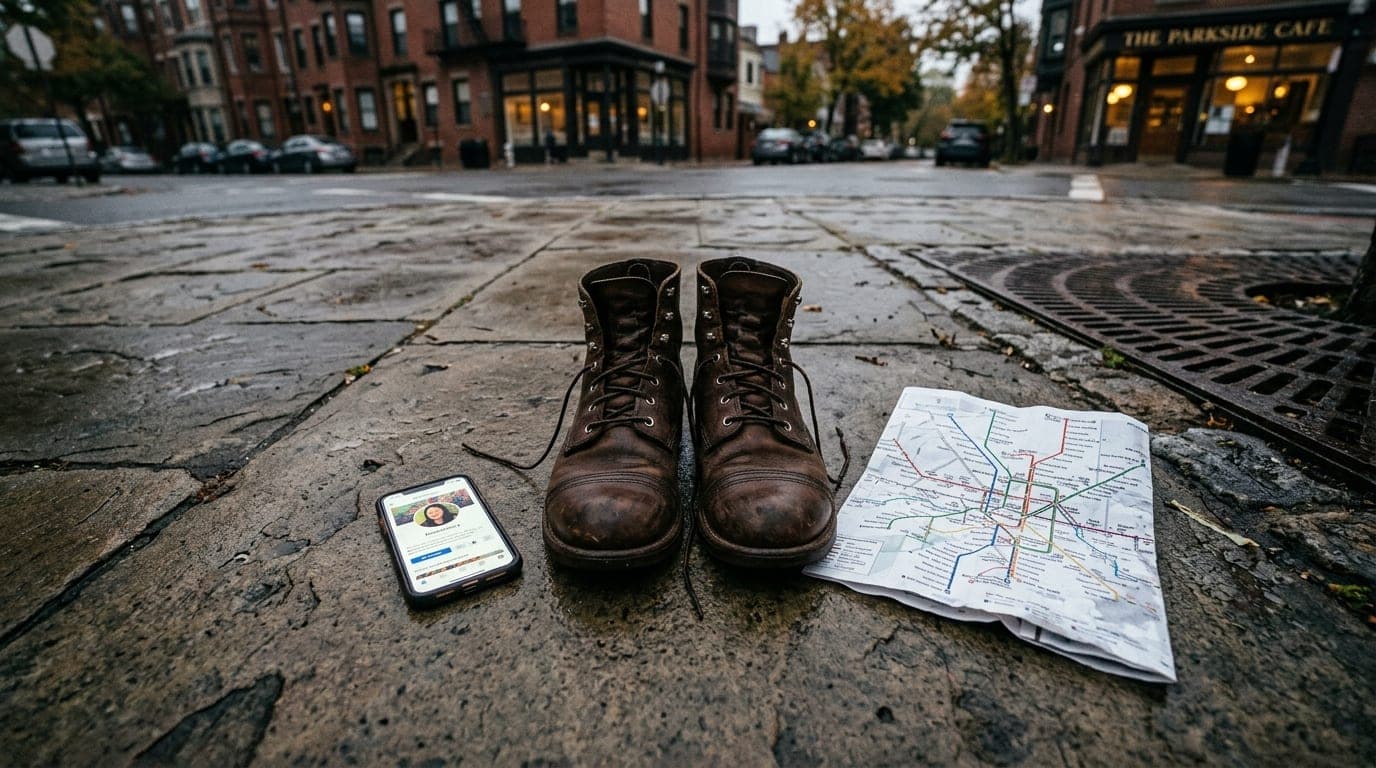 A 24mm wide-angle shot of a Hyde Park Square sidewalk at dawn. A pair of leather boots sits beside a discarded transit map...