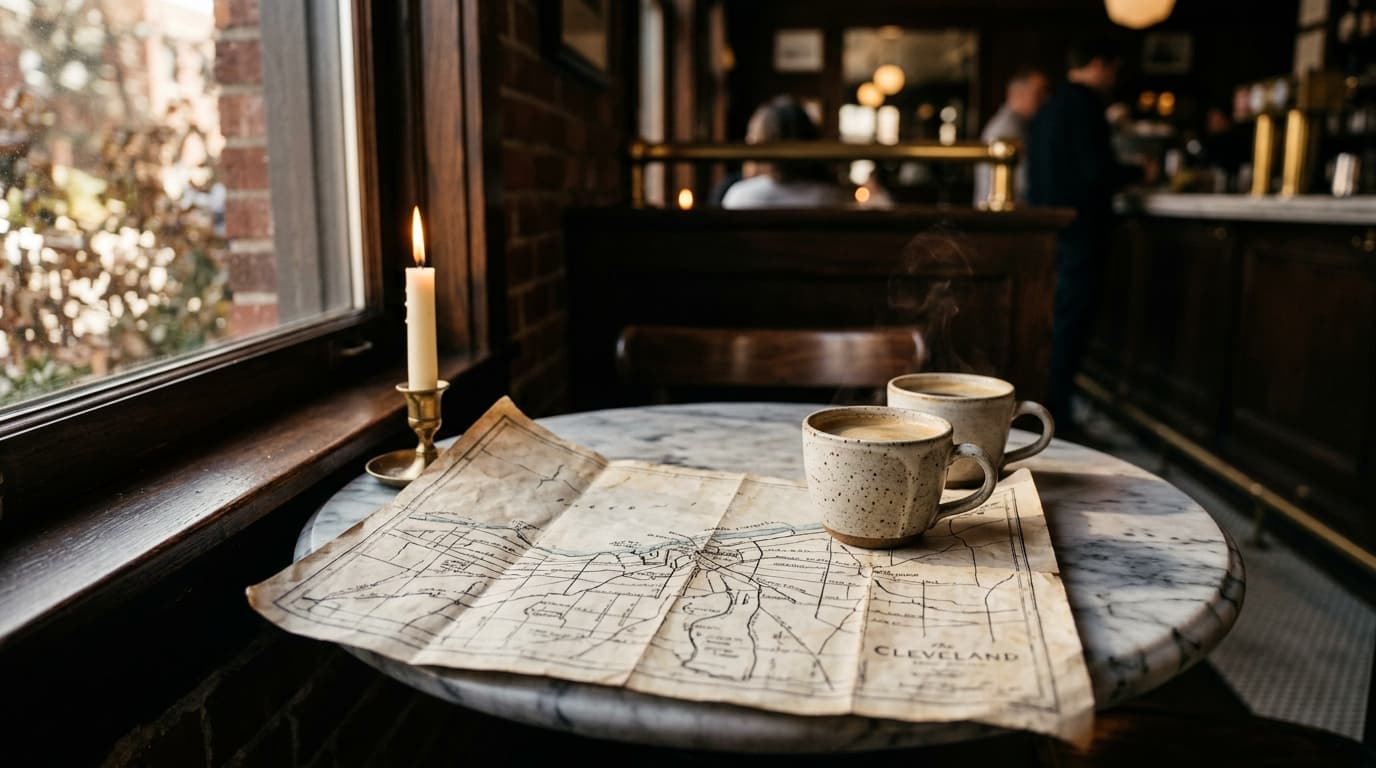 A close-up of a weathered, handwritten map of Cleveland resting on a marble bistro table. Two steaming cups of Sunday brun...