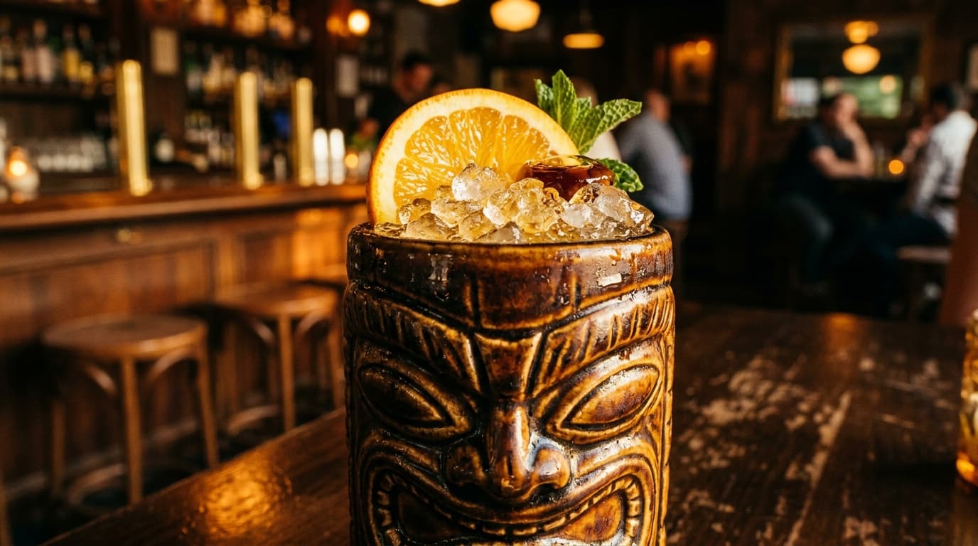 Extreme macro of a tiki-style ceramic mug filled with crushed ice and a bright orange slice at Porco Lounge, glowing in wa...