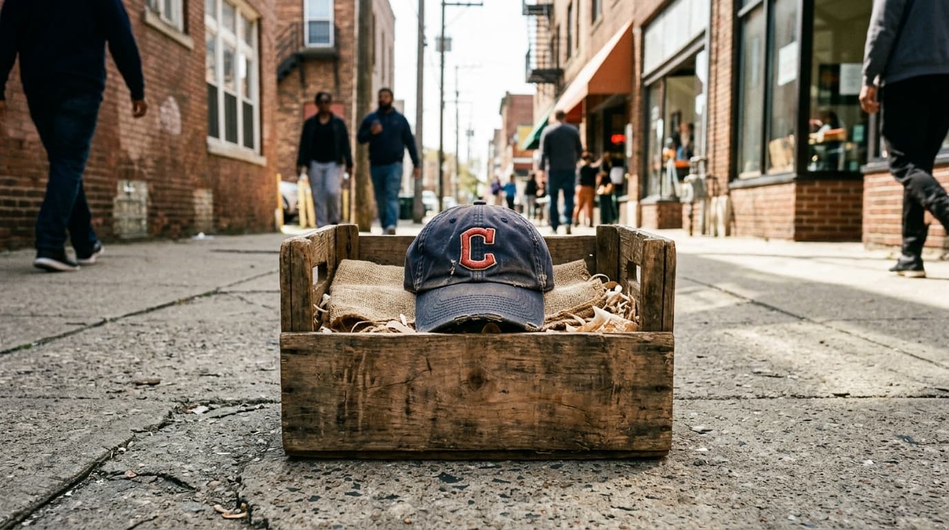A centered 24mm wide-angle shot of a weathered West Side Market fruit crate sitting on a cracked concrete sidewalk, holdin...