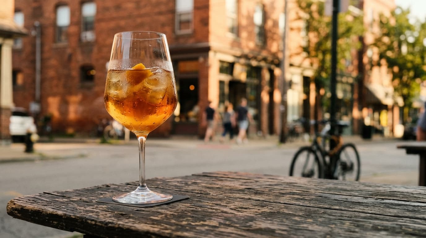 A 50mm natural perspective shot of a sleek cocktail glass condensation-beaded on a weathered wooden table at a Tremont bar...