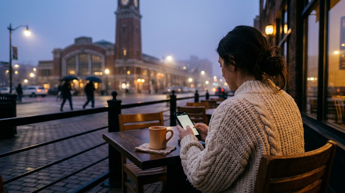 A woman in a thick cable-knit sweater sits at an Ohio City cafe table, typing on a phone at 4:00 PM, with a blurred West S...