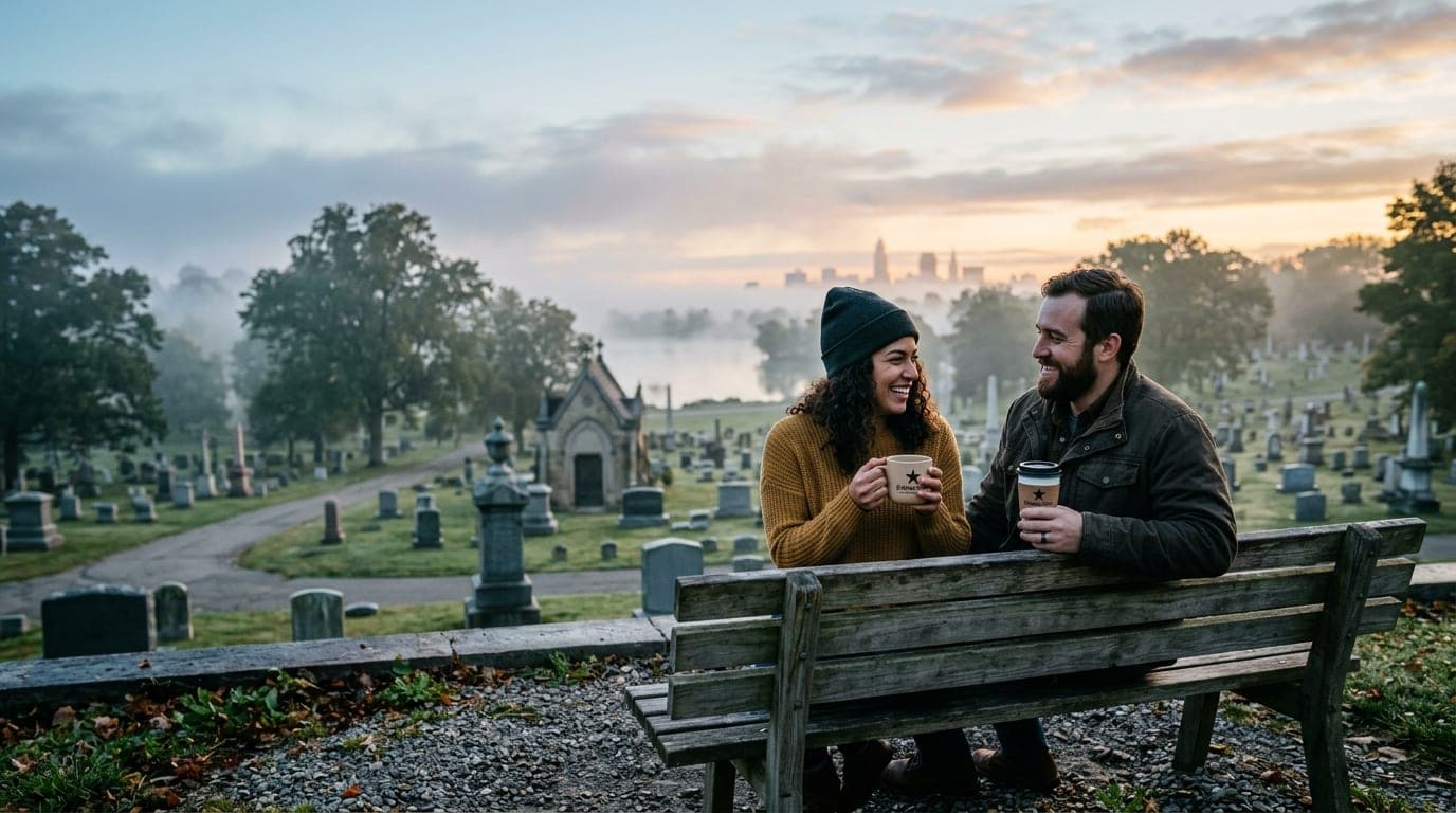 A couple sits on a wooden bench at Lake View Cemetery, cradling Rising Star coffee cups. Low-angle 35mm shot, offset right...