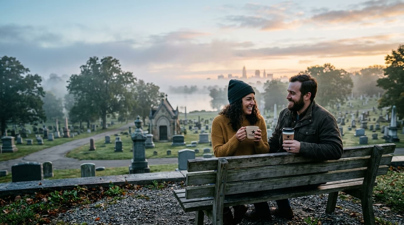 A couple sits on a wooden bench at Lake View Cemetery, cradling Rising Star coffee cups. Low-angle 35mm shot, offset right...