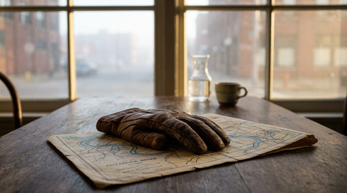 A close-up of a lone, worn leather glove resting on a Tremont bistro table, sunlit through a window. In the lower third, a...