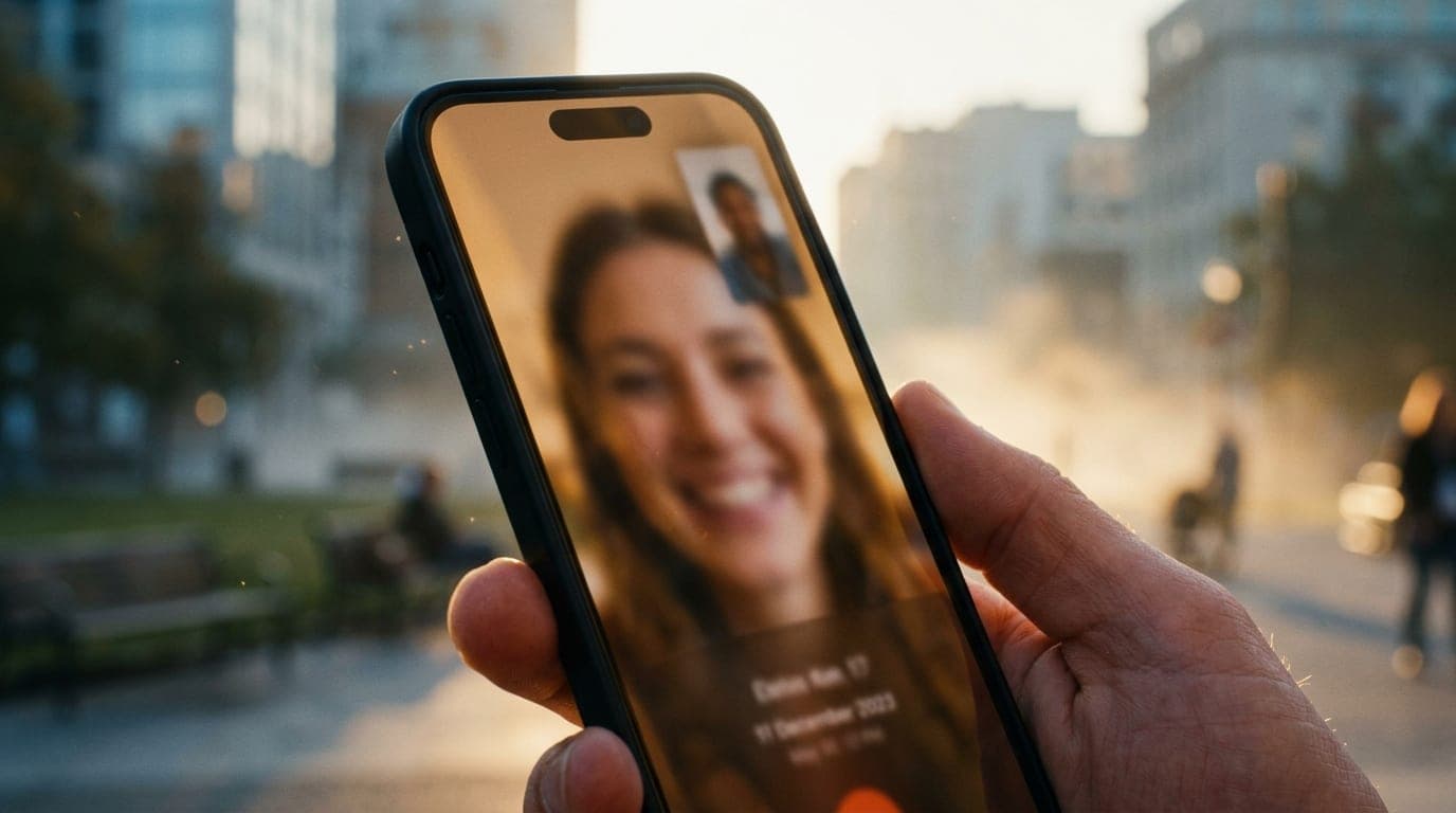 Extreme close-up macro, 100mm lens. A smartphone screen displays a crisp video call verification of a date, showing a blur...