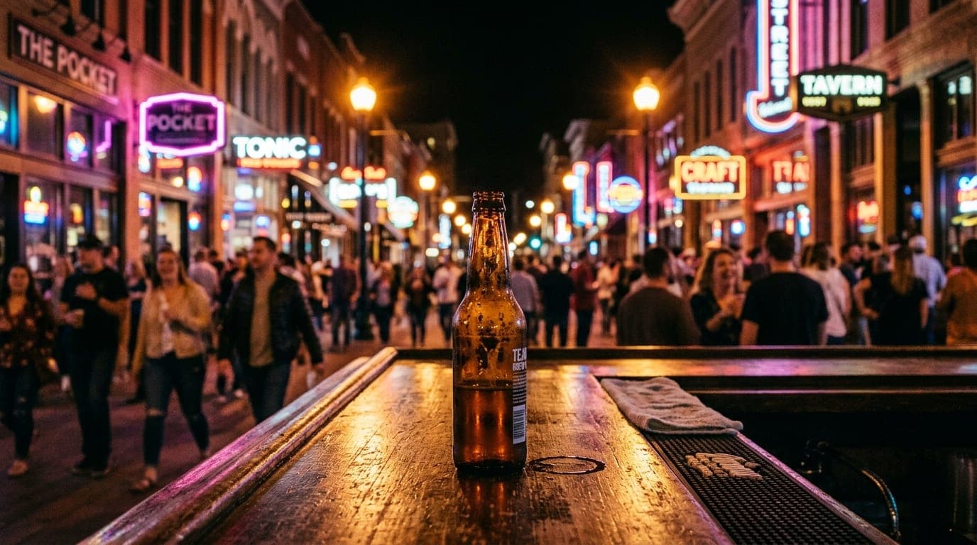 A low-angle hero shot centered on a half-finished bottled beer resting on a polished downtown bar top. A blurred, neon-dre...