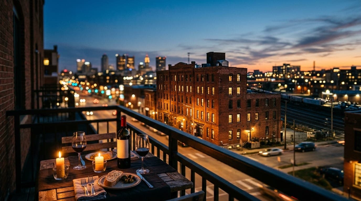 A warm, candle-lit bistro table overlooks the bustling Franklinton district at dusk. Tilt-shift focus blurs the distant ci...