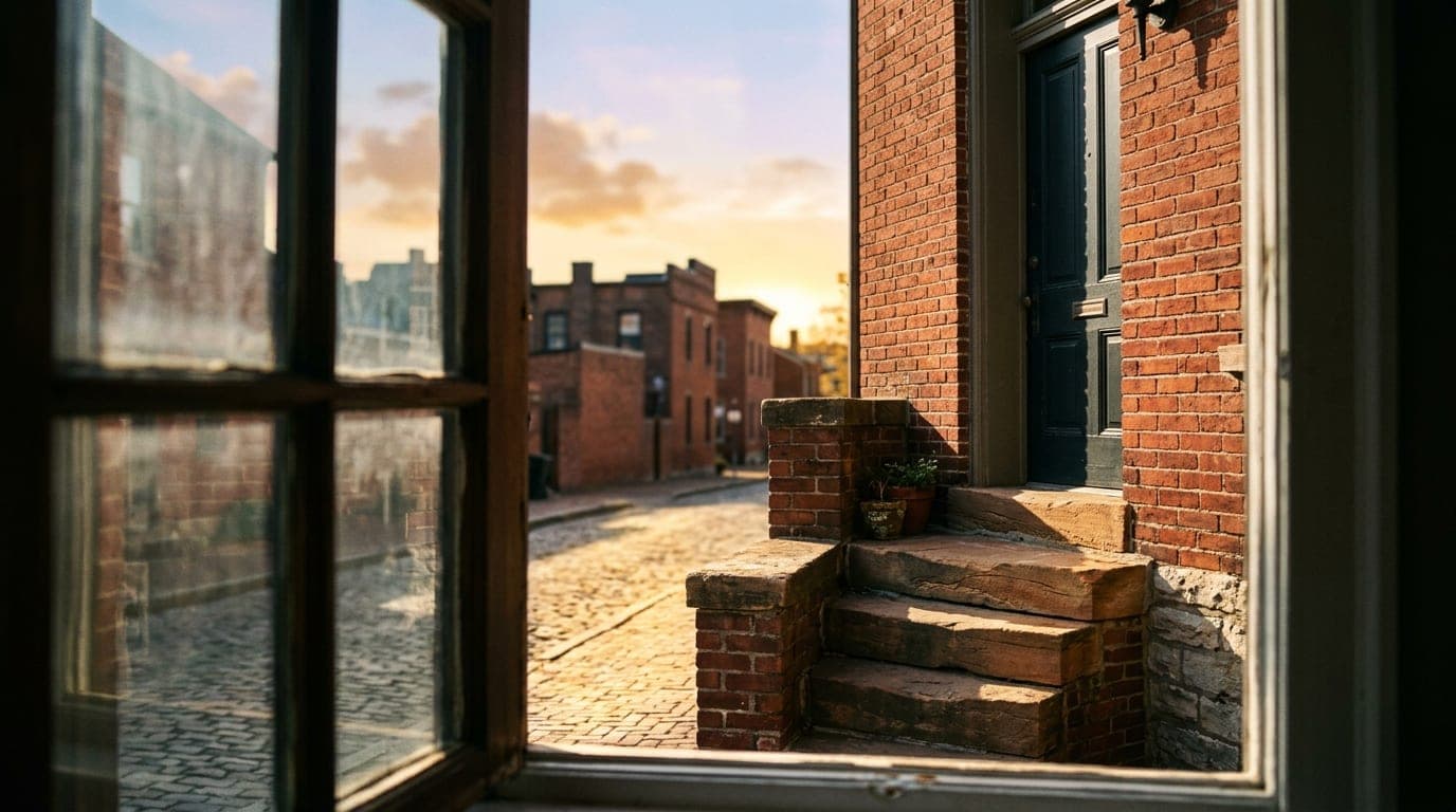 A high-contrast 35mm shot captures the geometric brick architecture of German Village through a window. Sharp natural noon...