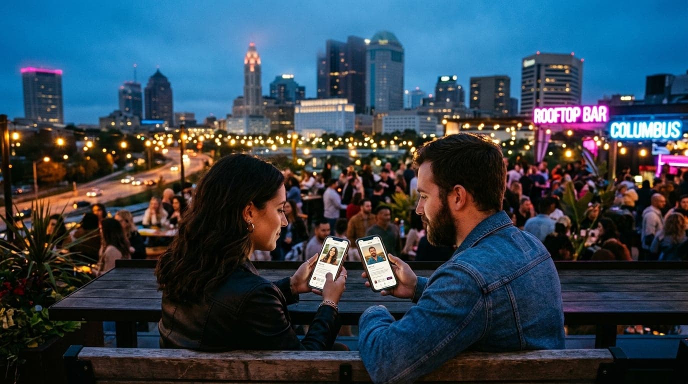 A couple sits on a rooftop overlooking a hazy Columbus skyline. They lean away from the crowd, both holding smartphones sh...
