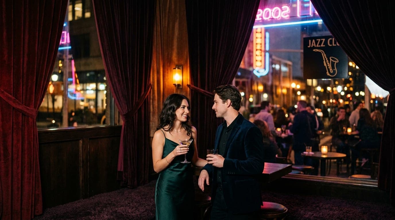 A couple stands in the dimly lit, velvet-draped corner of a jazz club. The woman in a silk slip dress holds a martini glas...
