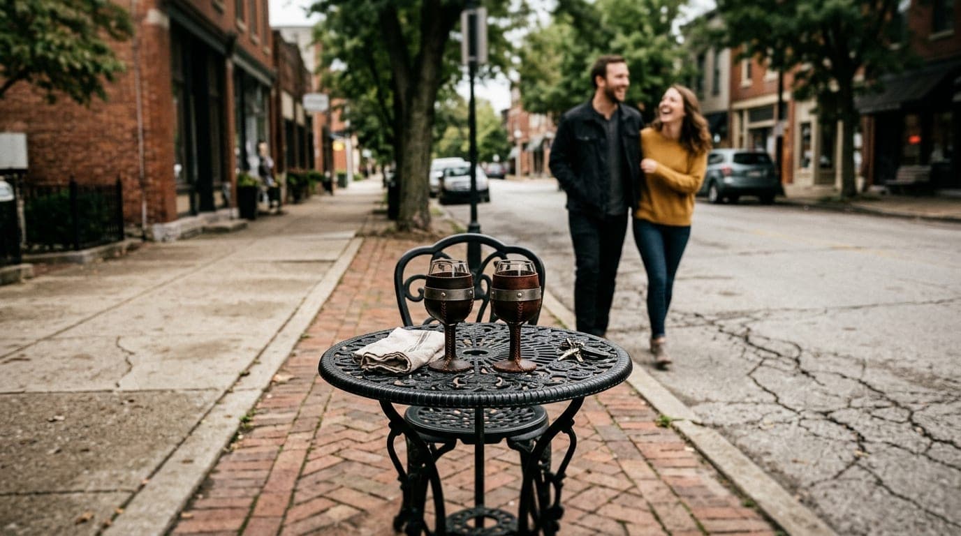 A tilt-shift selective focus captures a pair of leather wine glasses on a wrought-iron café table in Grandview, with a blu...