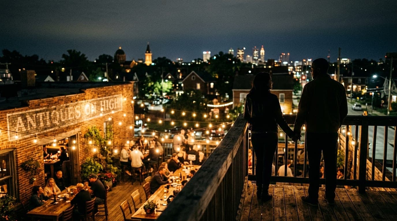 A 35mm documentary wide shot of a couple standing on the rooftop patio of Antiques on High at night, silhouetted against w...