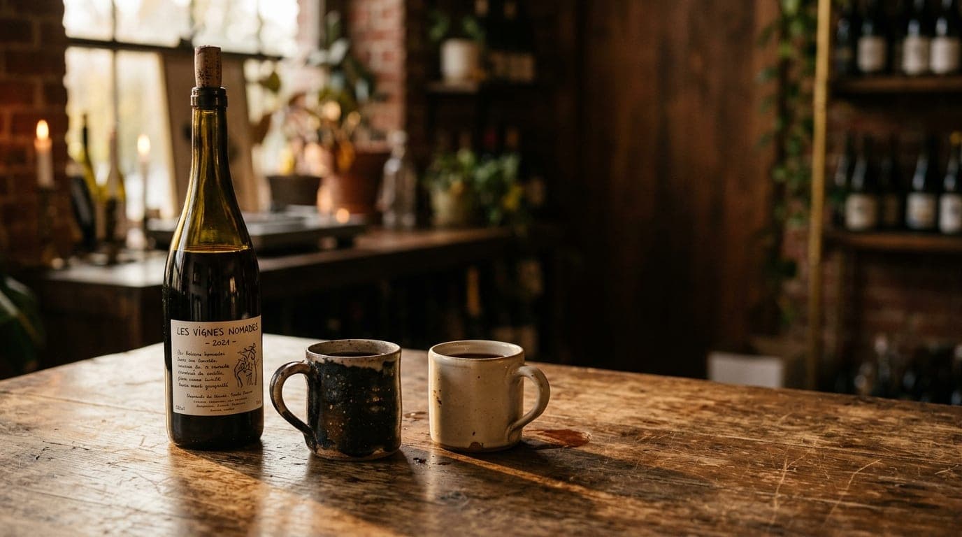 A natural wine bottle rests on a scarred wooden table in a Franklinton studio, casting a long shadow. Beside it, two misma...