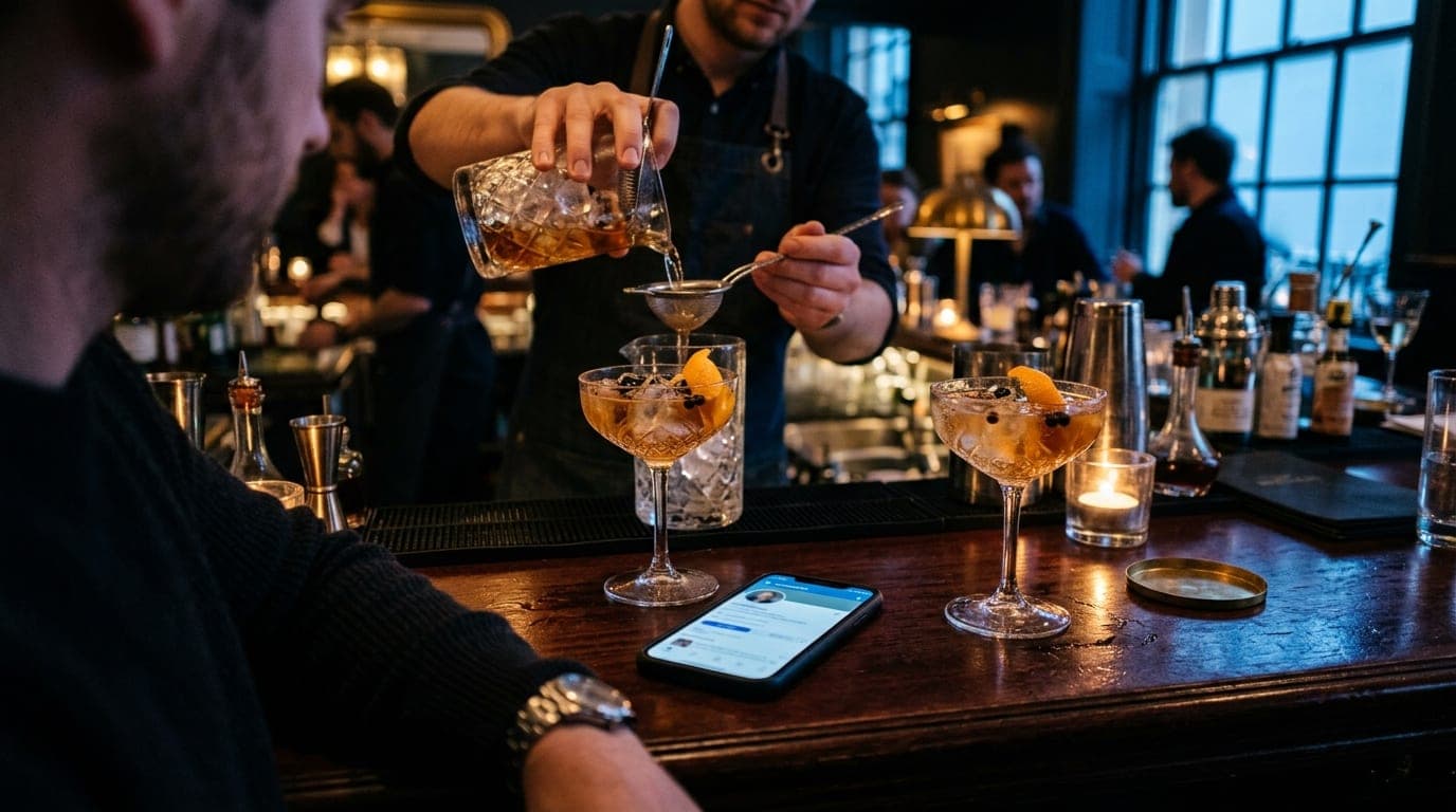 Over-the-shoulder view, 100mm macro. A smartphone screen displaying a LinkedIn profile rests on a dark mahogany bar beside...