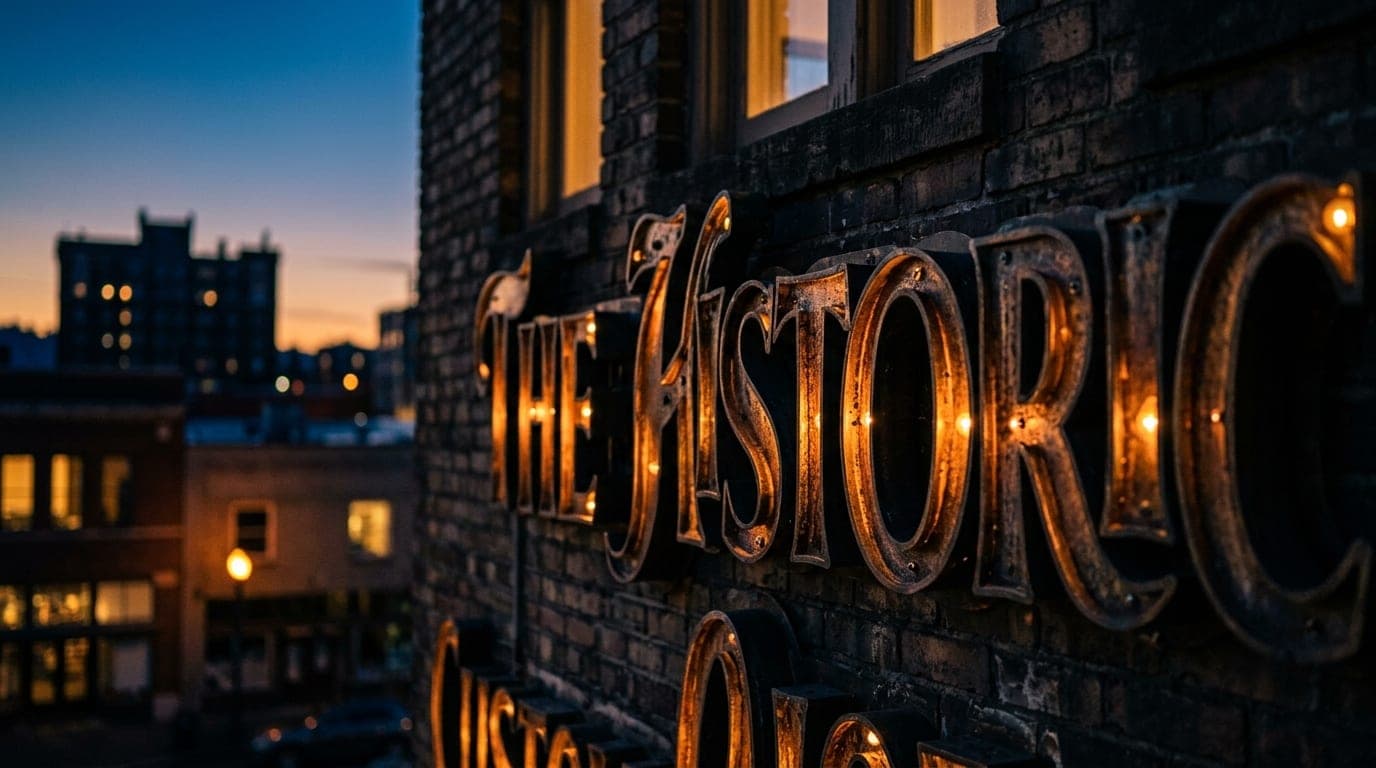 A 100mm macro shot captures the intricate, glowing metal letters of a historic downtown Corvallis storefront sign at dusk,...