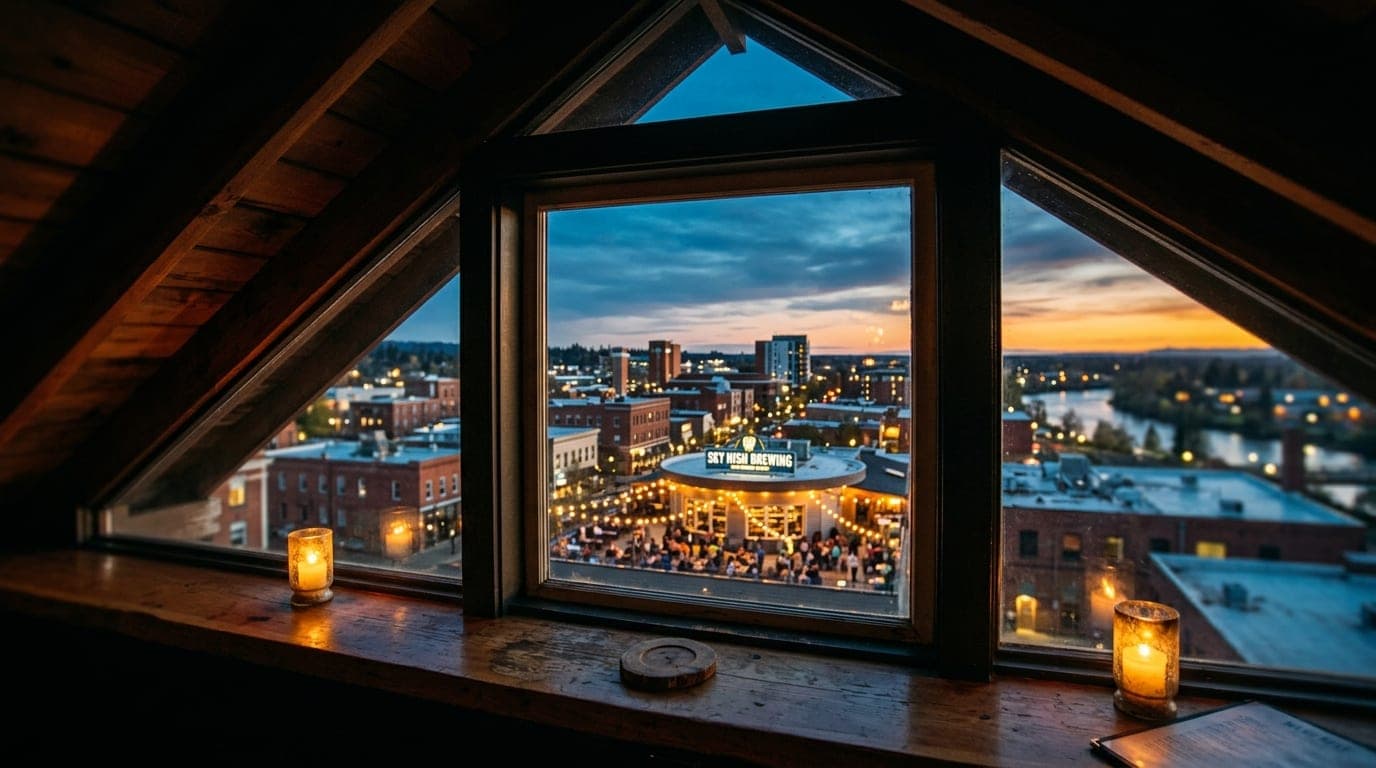 A tilt-shift, medium shot through an intimate, candle-lit interior window, framing the iconic Sky High Brewing rooftop at...
