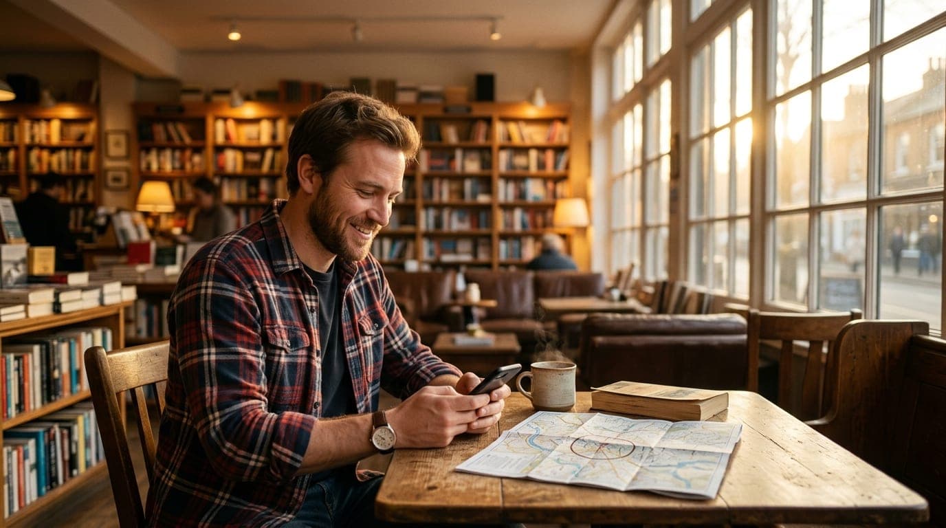 A man in a flannel shirt sits at a sun-drenched bookstore table, smiling while looking at his phone. A local map with a fo...
