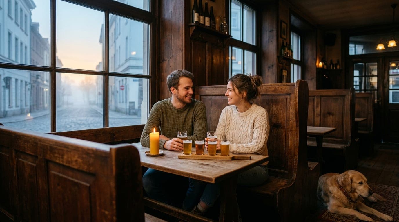 Medium shot, 24mm wide-angle, candle-lit interior of a wood-paneled tavern. A couple in casual sweaters sits across a boot...