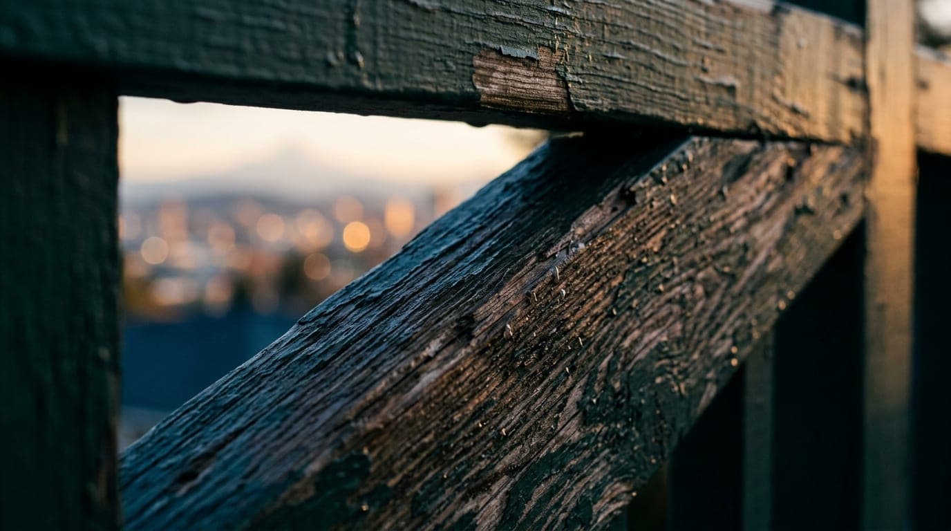 A 100mm macro close-up of a weathered, dark green wooden porch railing, focusing on the rough texture of rain-dampened ced...